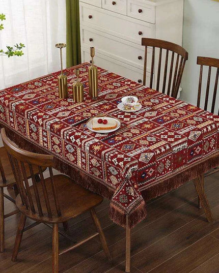 Bohemian Chic Embroidered Table Cover with Trendy Tassels