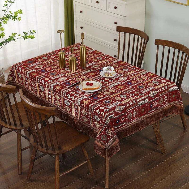 Bohemian Chic Embroidered Table Cover with Trendy Tassels
