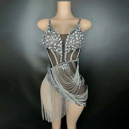 Sparkling Black Rhinestone Mini Dress with Playful Fringe