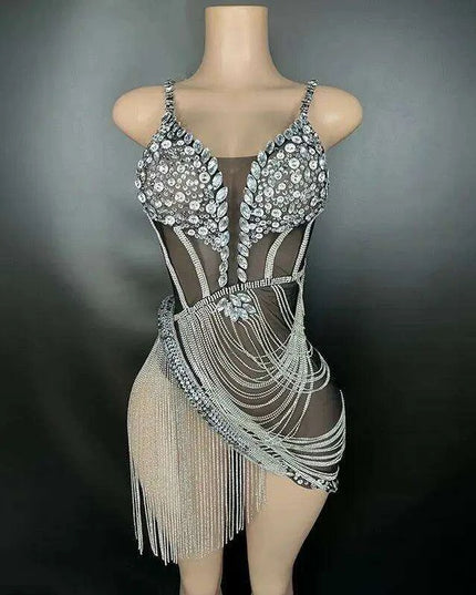 Sparkling Black Rhinestone Mini Dress with Playful Fringe