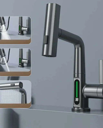 LED Waterfall Faucet with Temperature Display and Rotating Pull-Out Sprayer