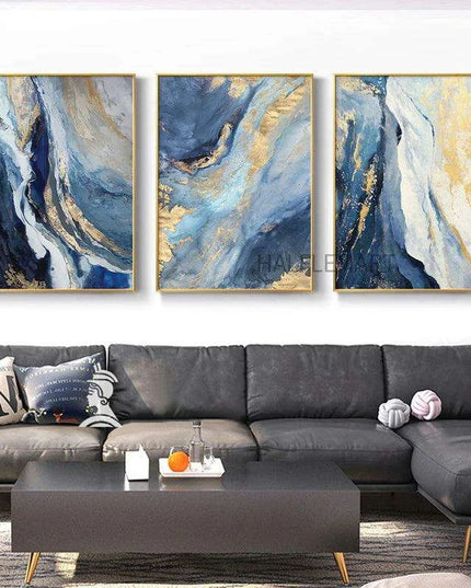 Tranquil Harmony: Blue and Gold Abstract Canvas Art Prints - Stylish Home Decor Piece