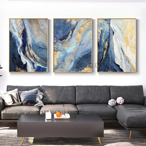 Elegant Modern Abstract Gold Foil Lines Blue Canvas Art Paintings For Home Decoration