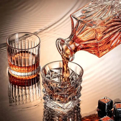 Artisan Crystal Wine and Whiskey Glass Set with Stylish Display Rack
