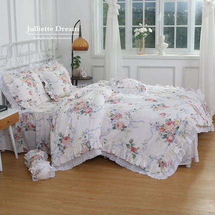 Warm Textile Home Rose Printed Lace Ruffle King Duvet Bedding Set
