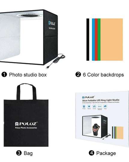 30CM PULUZ Adjustable LED Light Box Photography Kit with Six Color Backdrops - Portable Softbox for Product and Portrait Shots
