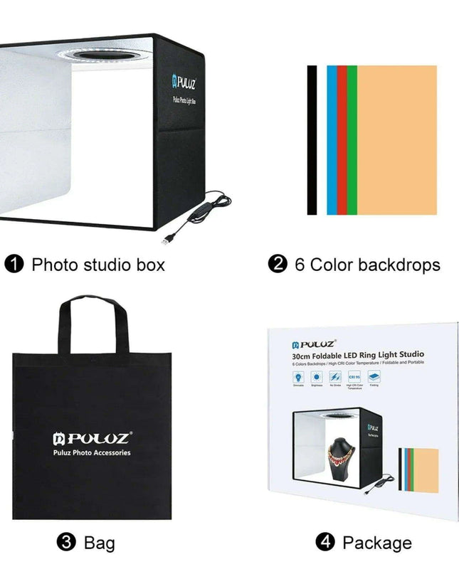 30CM PULUZ Adjustable LED Light Box Photography Kit with Six Color Backdrops - Portable Softbox for Product and Portrait Shots