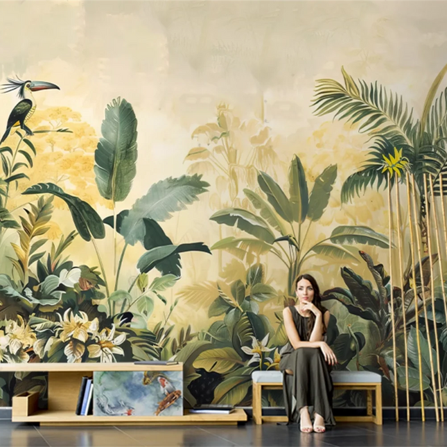 Tropical Jungle French Mural Wallpaper – Hand-Drawn Custom Wall Art