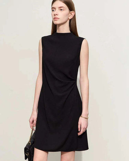 Chic Minimalist Sleeveless Black Dress for Women - Elegant Slim Fit with Modern Half-High Neck Design