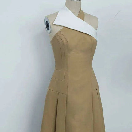 Stylish Backless Halter Neck Pleated Summer Dress with Contrast Color Patchwork for Women - 2024 Party Collection