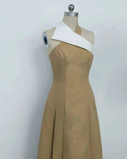 Stylish Backless Halter Neck Pleated Summer Dress with Contrast Color Patchwork for Women - 2024 Party Collection