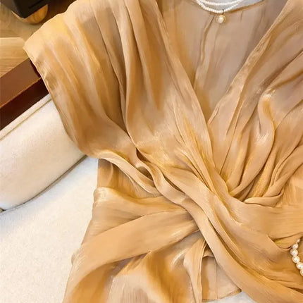 Brave Mother Women's Summer V-Neck Chiffon Blouse with Irregular Hem