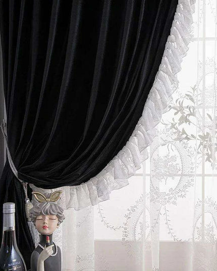 Luxurious French-Style Black Velvet Lace Blackout Drapes with Romantic Ruffles for Stylish Interiors