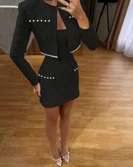Chic Autumn Duo: Pearl-Embellished Long Sleeve Coat and Strapless Mini Dress Set
