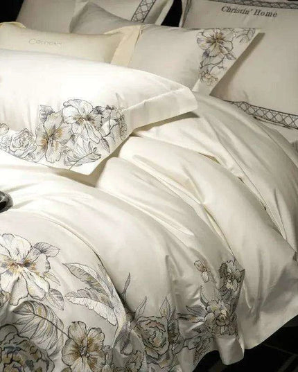 Elegant 1000TC Egyptian Cotton Floral Embroidery Bedding Ensemble with Duvet Cover, Flat Sheet, and Pillow Shams