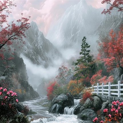 Mountain Lake Cherry Blossom 3D Mural Wallpaper