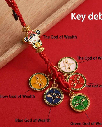 Lucky Fortune Cat Brass Keychain with Five Emperors Coin Charm