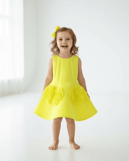 Sunny Yellow Floral Children's One-Piece Dress - Ideal for Weddings and Celebrations