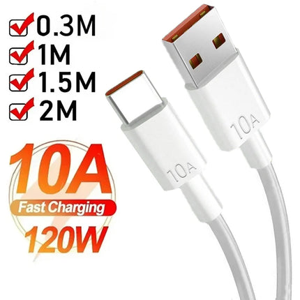 120W USB-A to USB-C Fast Charging Cable — 10A, 0.3m to 2m