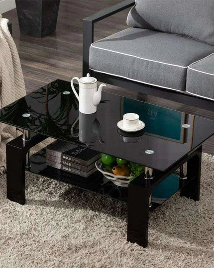 Modern Elegance Black Glass Coffee Table with Metal Framework and Additional Storage