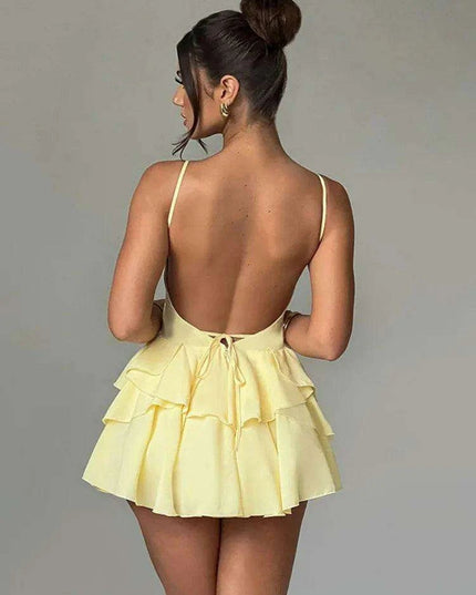 Elegant Backless Ruffled V Neck Summer Mini Dress for Women - Ideal for Parties and Gatherings