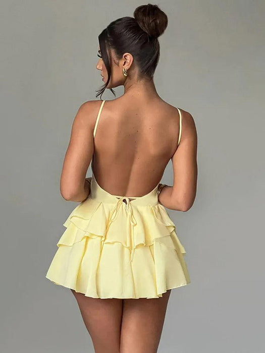 Elegant Backless Ruffled V Neck Summer Mini Dress for Women - Ideal for Parties and Gatherings