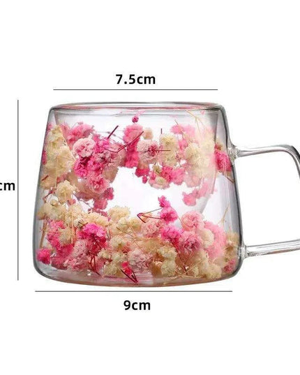 Insulated Double Wall Glass Cup with Dried Flowers - Creative Tea, Coffee, and Milk Mug with Handle