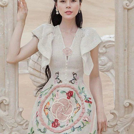 Pearl Embroidered V-Neck A-Line Dress with Flutter Sleeves