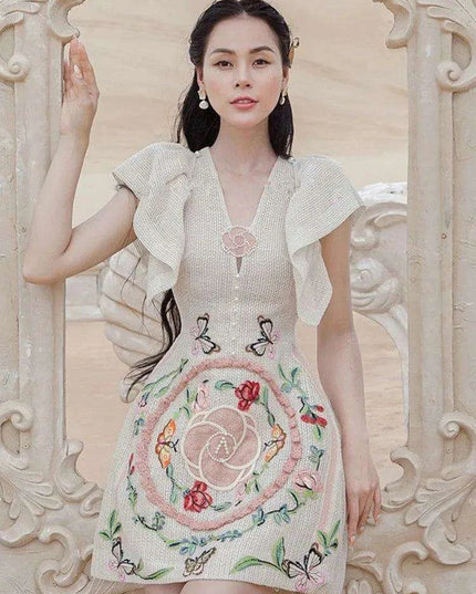 Pearl Embroidered V-Neck A-Line Dress with Flutter Sleeves