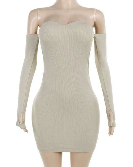 Sleek Off-Shoulder Ribbed Bodycon Mini Dress for Women with Long Sleeves and Elevated Waistline