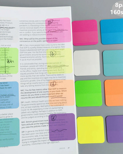 Vibrant Translucent PET Sticky Notes Set - 160 Sheets in 8 Bright Colors