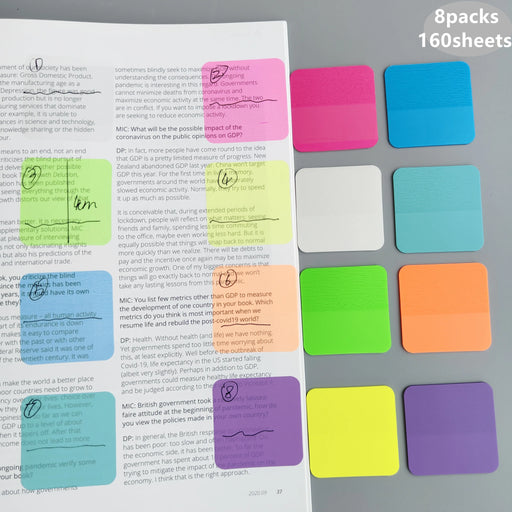 Vibrant PET Translucent Sticky Notes - 160 Sheets, 8 Colors