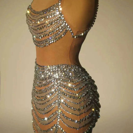 Radiant Sheer Crystal-Embellished Mini Dress for Women - Perfect Evening Wear for Celebrations and Parties