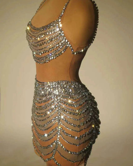 Radiant Sheer Crystal-Embellished Mini Dress for Women - Perfect Evening Wear for Celebrations and Parties