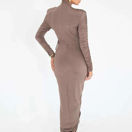 Chic Ruched Long Sleeve Turtleneck Maxi Dress for Women - Perfect for Autumn and Winter