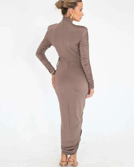 Chic Ruched Long Sleeve Turtleneck Maxi Dress for Women - Perfect for Autumn and Winter