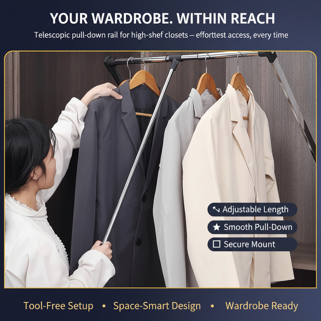 Retractable Pull-Down Clothes Rod with Soft-Close Damping — Aluminium Alloy, 30kg | Très Elite