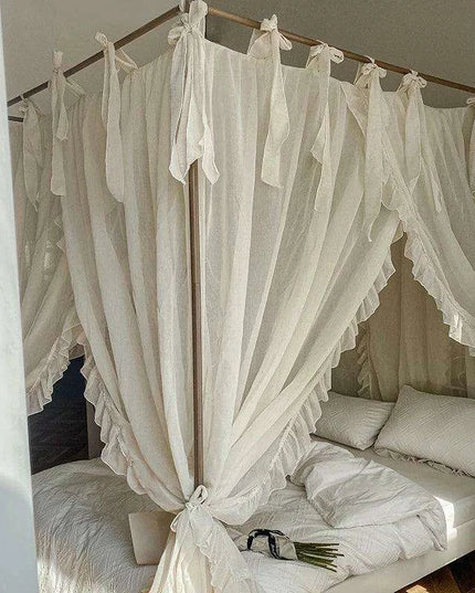 Sheer Linen Canopy Bed Curtains with Ruffled Detailing and Easy Setup