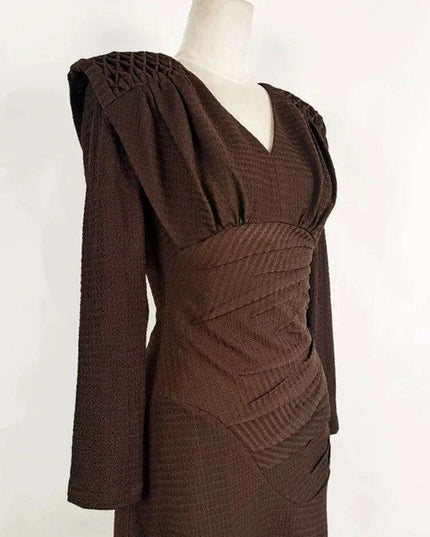 Sleek Asymmetrical V-neck Brown Evening Dress