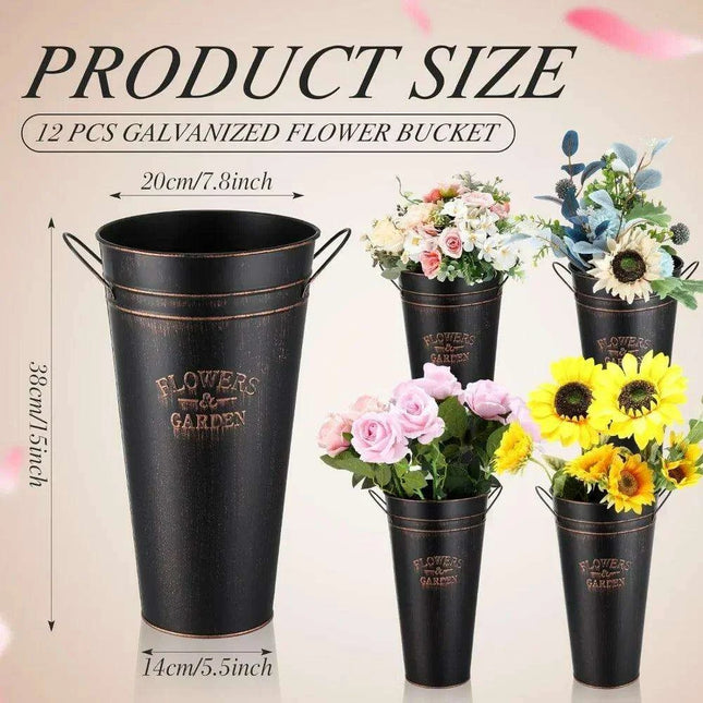Charming 15" Rustic Galvanized Metal Flower Buckets - Set of 12 for Stylish Home Accents and Gifting