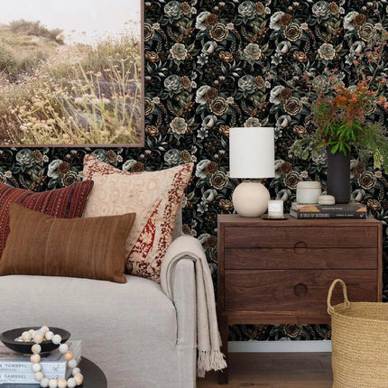 Très Elite Vintage Dark Floral Self-Adhesive Wallpaper, Large Design