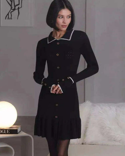 Autumn Elegance: Women's Long Sleeve Knit Dress with Lapel and Ruffled Hem by Mozision