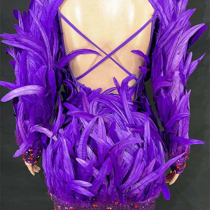 Purple Feathered Backless Mini Dress for Dazzling Night Out