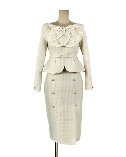 Sophisticated Double Breasted Tweed Ensemble with Petal Neck and Waist Belt - Women's Fall Collection 2024