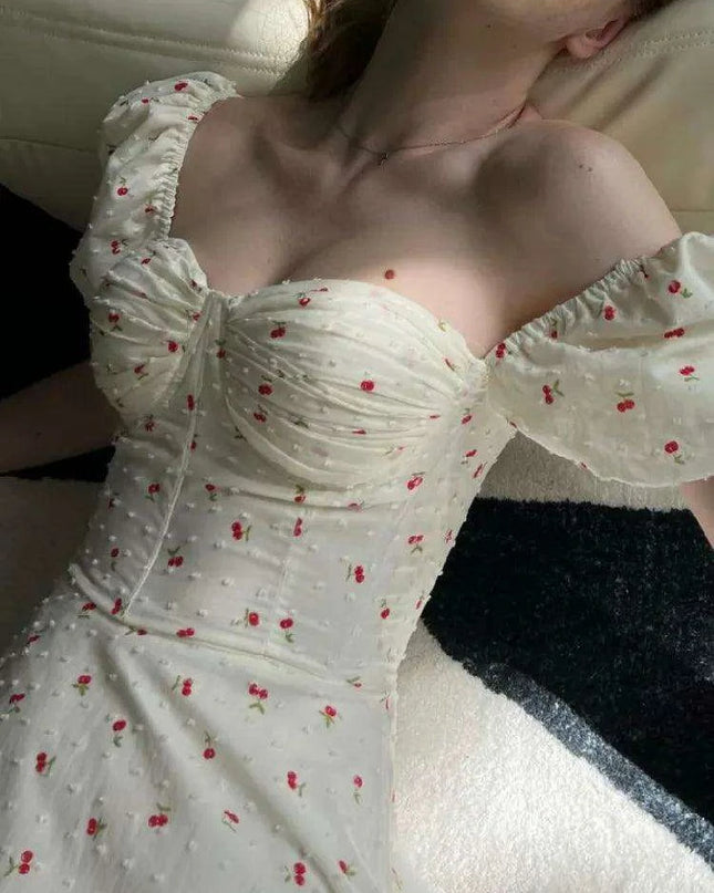 Cherry Blossom Corset Dress in Vintage White – Ruffled Hem & Lantern Sleeve Design