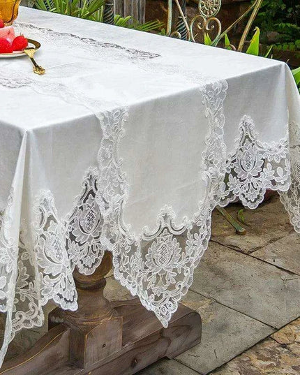 Elegant White Gold Velvet Tablecloth with Lace Accents - Sophisticated Dining Room Décor