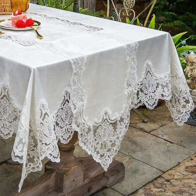 Elegant White Gold Velvet Tablecloth with Lace Accents - Sophisticated Dining Room Décor