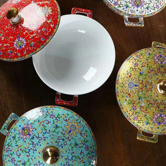 Authentic Elegant Under-glazed Ceramic Soup Pot with Lid and Spoon - Large Round Design with Gold Accents for Chinese Dining and Decor
