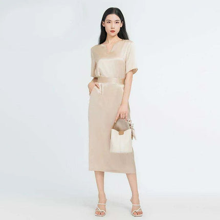 Elegant Silk V-neck Top and Midi Skirt Ensemble - Chic Women's Two-Piece Set