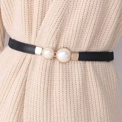 Double Pearl Buckle Elastic Waist Belt — Women’s PU Leather, 6 cm Wide